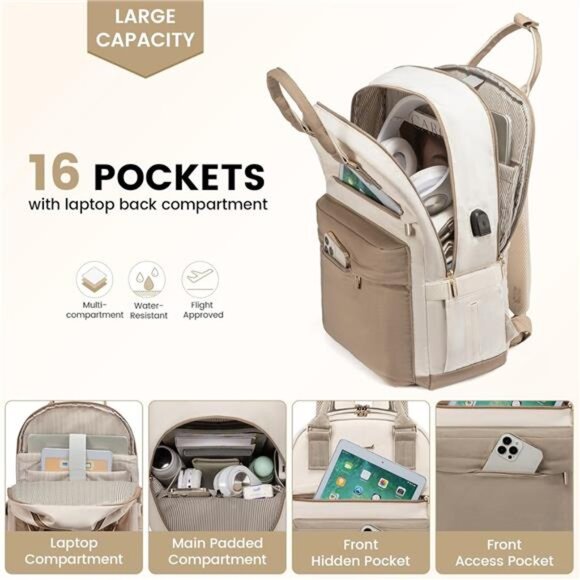 Laptop Backpack for Women 15.6 Inch, Khaki Beige main image 5
